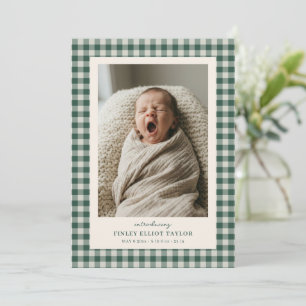 Grön Gingham-rutig Nyfödd Foto Baby Pojke Födelse Meddelande