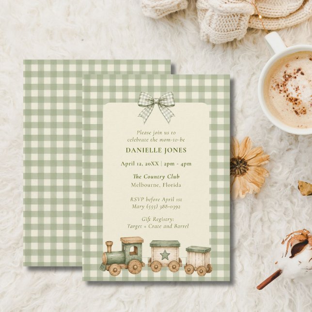 Grön Gingham Tåg Bebis Shower Inbjudan (Green Gingham Train Baby Shower Invitation)