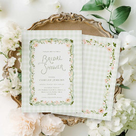 Grön Gingham Trädgårds Blommig Bröllopsfest Inbjudningar