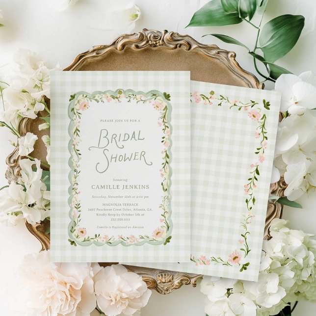 Grön Gingham Trädgårds Blommig Bröllopsfest Inbjudningar (Sage Green Gingham Floral Bridal Shower Invitation)