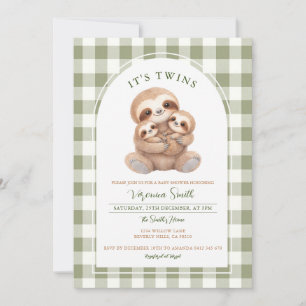 Grön Gingham Tvilling Sengångare Baby Shower Inbju Inbjudningar