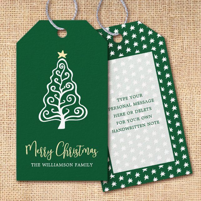 Grön Glad Jul Gran Whimsical Script Namn Presentetikett (Skapare uppladdad)