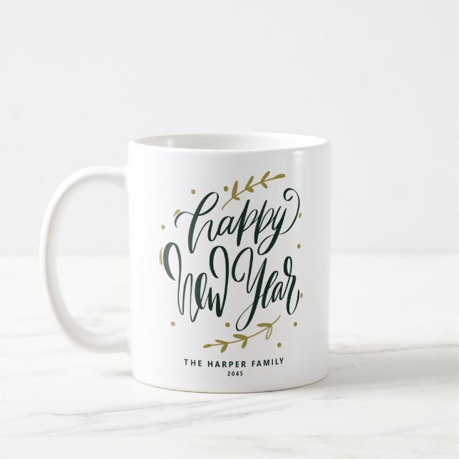 Grön Glad Nyår Modern Kalligrafi Krans Kaffemugg (Vänster)