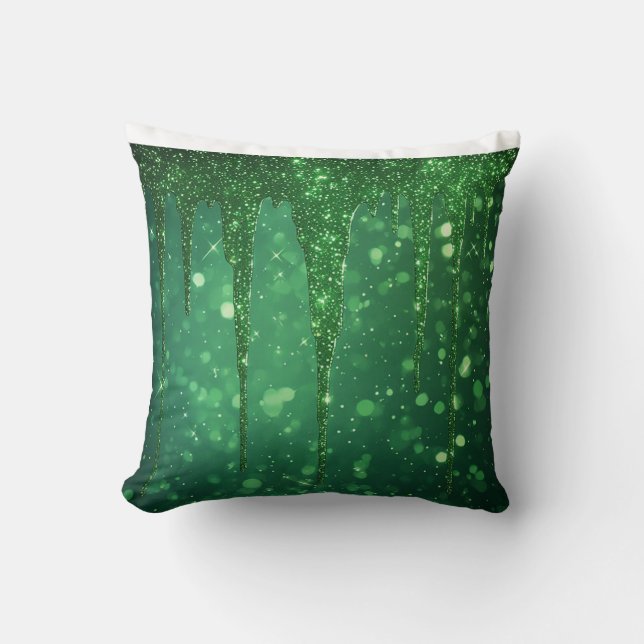 Grön Glitter Dropp Bakgrund Med Gnistrande Bokeh Kudde (Framsida)