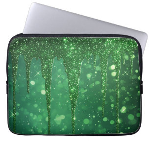 Grön Glitter Dropp Bakgrund Med Gnistrande Bokeh Laptop Fodral