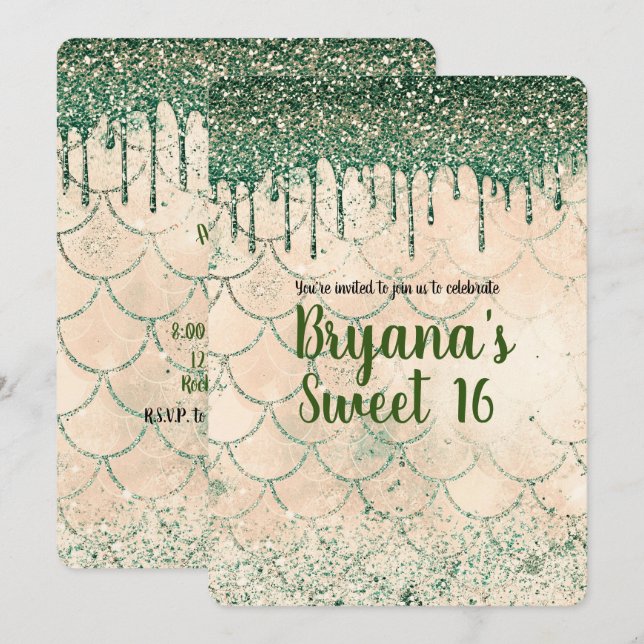 Grön Glitter Droppad Persika Siren Söt 16 Fest Inbjudningar (Fram/baksida)