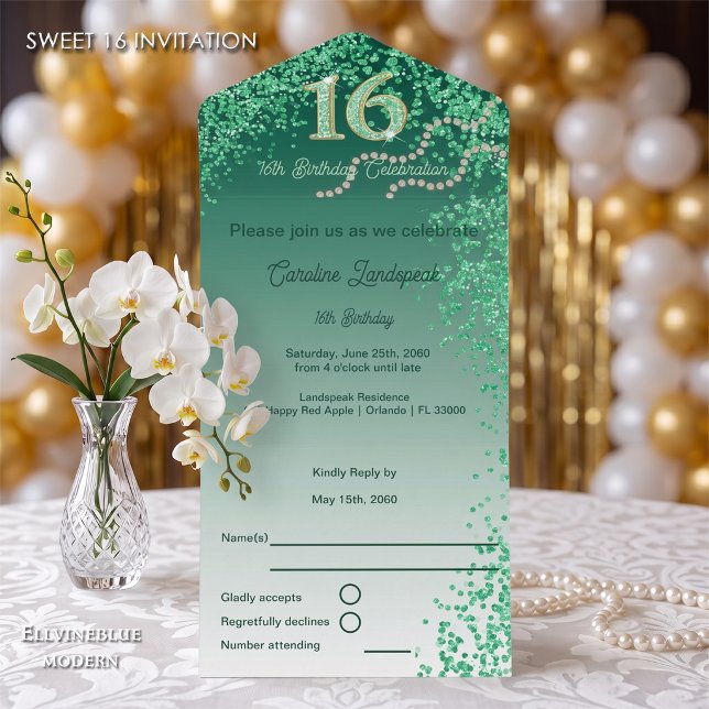 Grön Glitter Kalligrafi Nummer Sweet 16 (Chic Sweet 16 invite with an easy-to-tear perforated RSVP card. Green Glitter Celebration!)