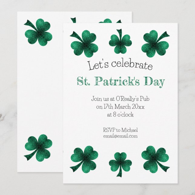 Grön Glitter Shamrock St. Patrick's Day Vit Inbjudningar (Fram/baksida)