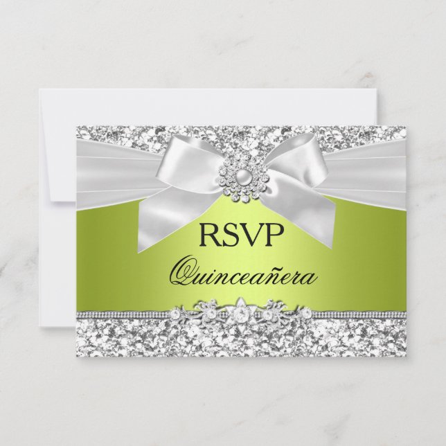 Grön Glitterbåge Quinceanera RSVP OSA Kort (Framsida)