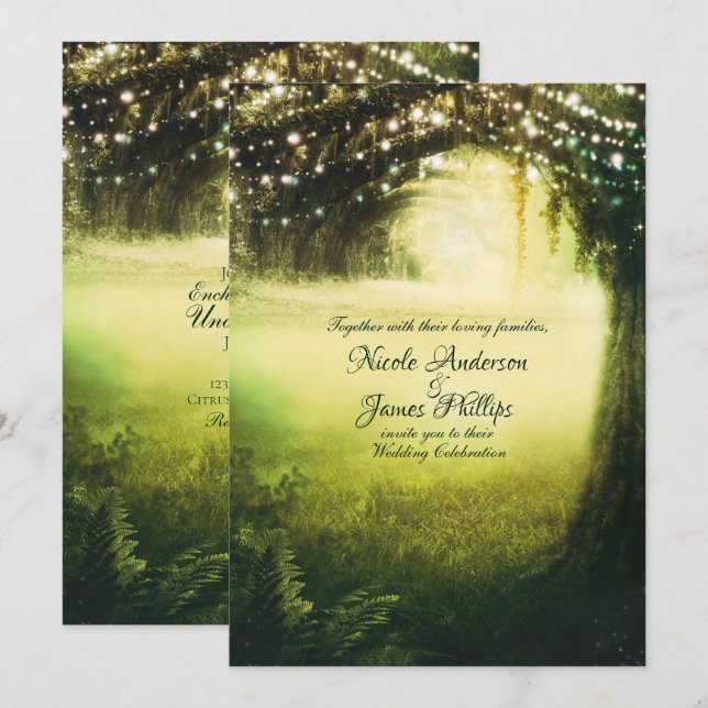 Grön Glöd Skog & Ljus Rustik Bröllopsfestival Inbjudningar (Fram/baksida)