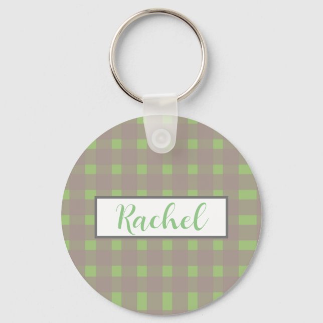 Grön Grå Gingham Personlig Nyckelring (Framsida)