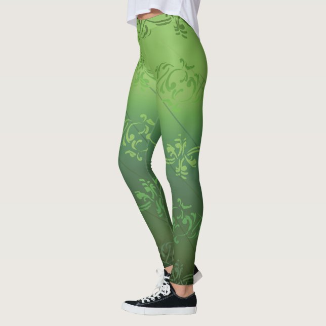 Grön Gradient Randig Blommig Bladsmönster Leggings (Vänster)