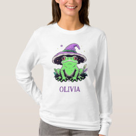 Grön groda som bär lila häxhatt t shirt