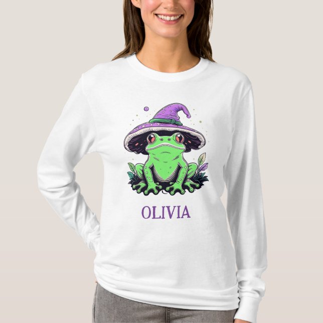 Grön groda som bär lila häxhatt t shirt (Framsida)