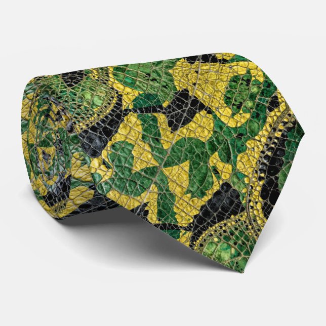 Grön Gul Alligator Krokodil Drak Läder Slips (Rullad)