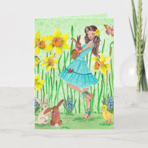 Grön & gul påskblommigtflicka för snyggt helgkort