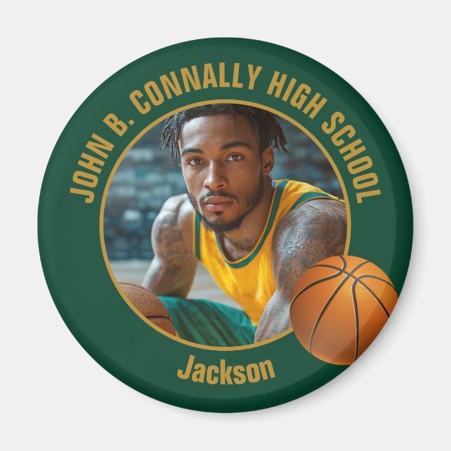 Grön Guld Basketspelare Foto Magnet (Framsidan)