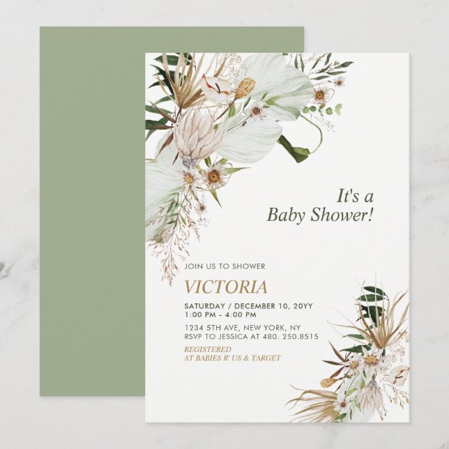 Grön & Guld Boho Botanisk Baby Shower Brunch Inbjudningar (Fram/baksida)