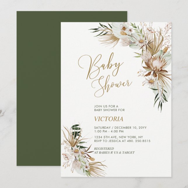 Grön & Guld Boho Botanisk Baby Shower Inbjudan (Fram/baksida)