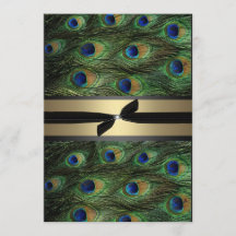 Grön & guld- bröllopinbjudan för påfågel