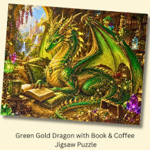 Grön Guld Drakon med Bok & Kaffe
