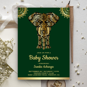 Grön Guld Elefant Indisk Bebis Shower Inbjudningar