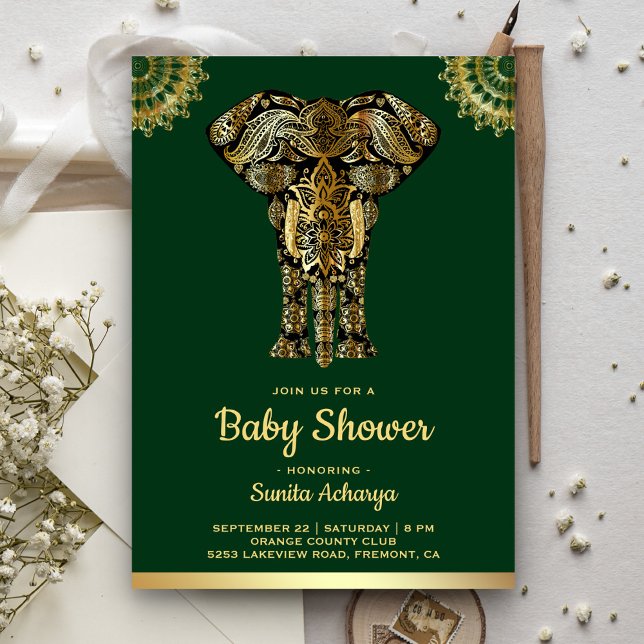 Grön Guld Elefant Indisk Bebis Shower Inbjudningar (Skapare uppladdad)