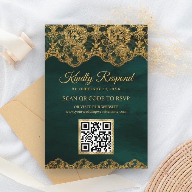 Grön guld folie spets QR-kod RSVP bröllopswebbplat Tilläggskort (Skapare uppladdad)