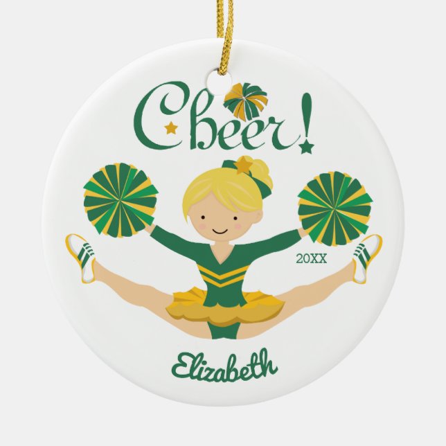 Grön & Guld Glädje Blond Cheerleader Ornament (Framsidan)