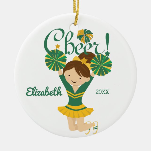 Grön & Guld Glädjerop Brunett Cheerleader Ornament (Framsidan)