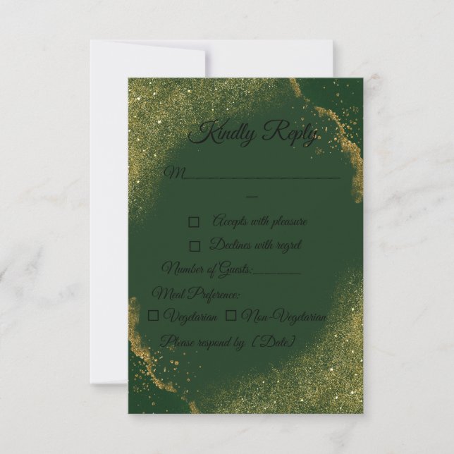 Grön & Guld Glänsande Bröllops-RSVP-Kort OSA Kort (Framsida)