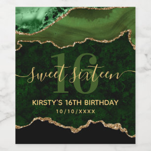 Grön & Guld Glitter Agat Marmor Sweet Sixteen Vinflaska Etikett