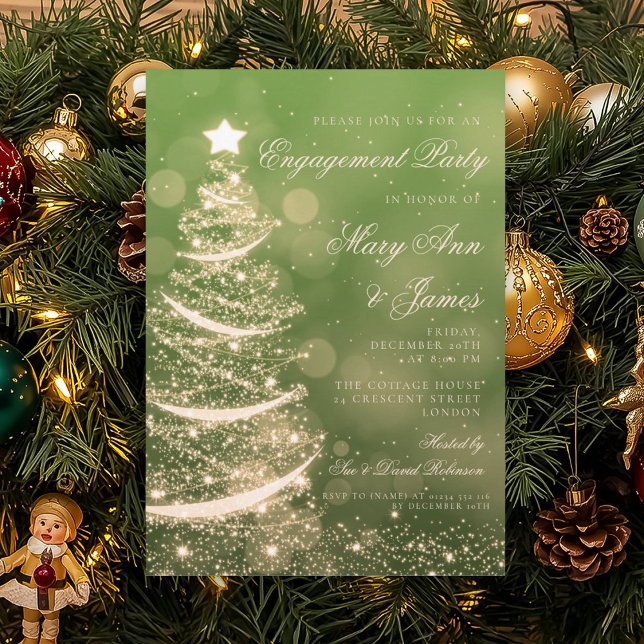 Grön & guld- julförlovningsfest för elegant inbjudningar (Elegant Green & Gold Christmas Engagement Party Invitation)