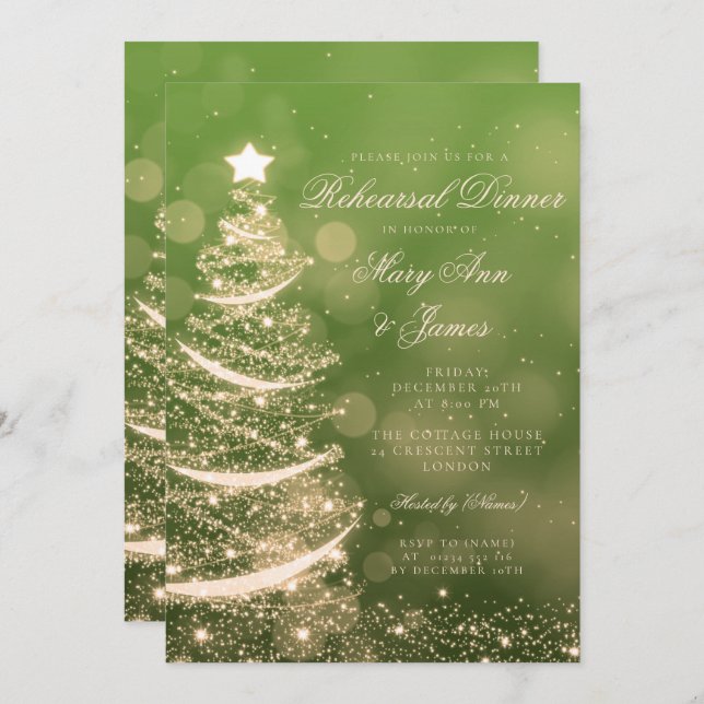 Grön & guld- julrepetition middag för elegant inbjudningar (Fram/baksida)