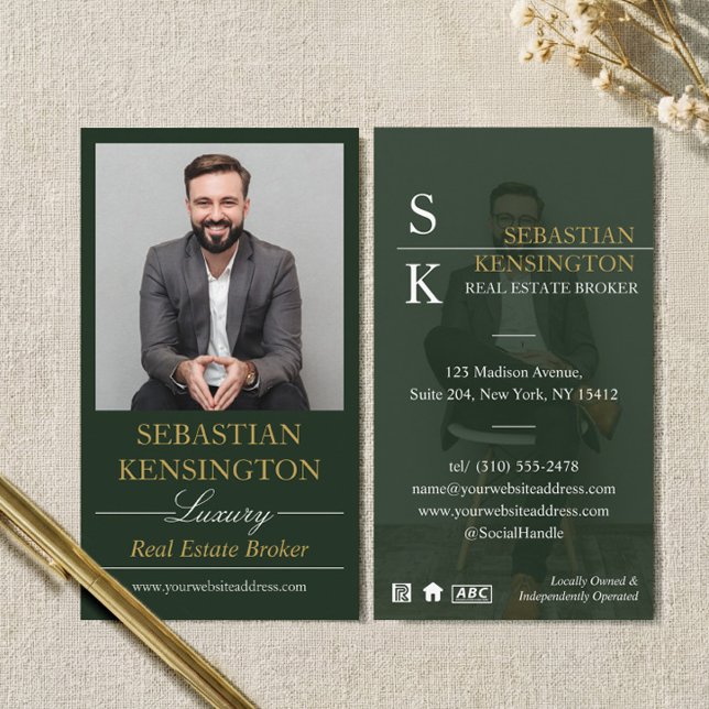 Grön Guld Lyx Fastighetsmäklare Professionell Visitkort (Green Gold Luxury Real Estate Broker Professional Business Card)