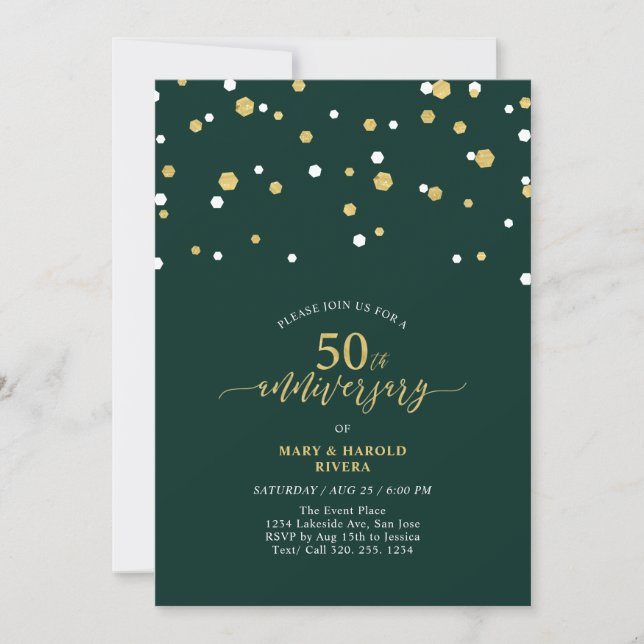 Grön & Guld Modern 50-års bröllopsfirande fest Inbjudningar (Framsida)