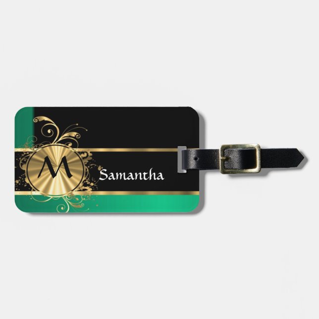 Grön guld- och svartmonogram bagagebricka (Horisontell Framsida)