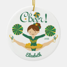 Grön & Guld Personlig Brunett Cheerleader Julgransprydnad Keramik