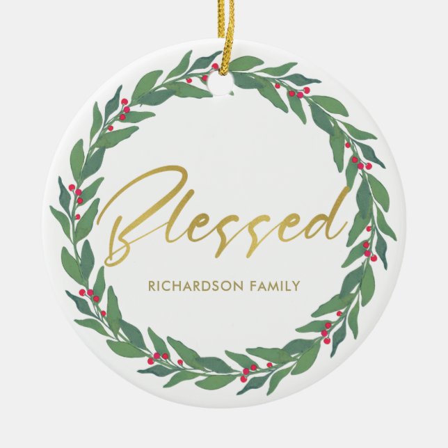 GRÖN GULD- RÖD VÄLSIGNAD BÄRKRANJUL JULGRANSPRYDNAD KERAMIK (Framsidan)