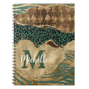 Grön & Guld Safari Djur Glitter Agat Monogram Anteckningsbok