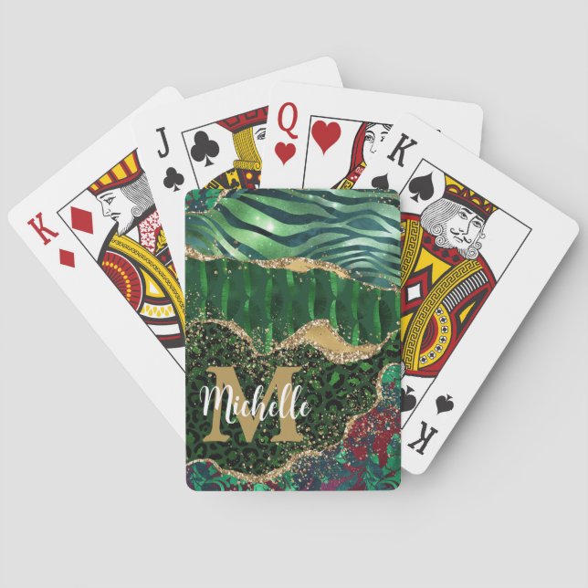 Grön & Guld Safari Djur Glitter Agat Monogram Casinokort (Baksidan)