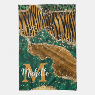 Grön & Guld Safari Djur Glitter Agat Monogram Kökshandduk