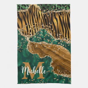 Grön & Guld Safari Djur Glitter Agat Monogram Kökshandduk
