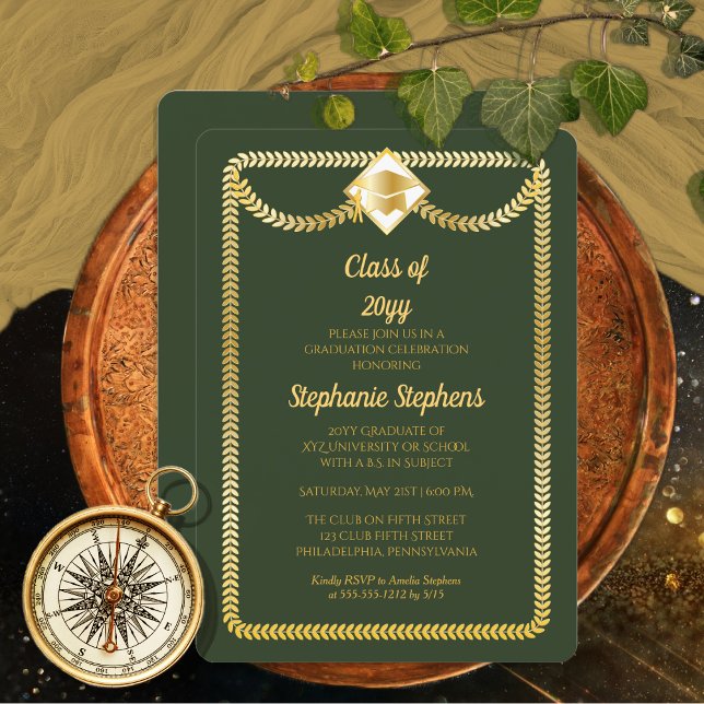 Grön | Guld Serpentine Examenfest Inbjudningar (Elegant Green | Gold Tone Serpentine Grad Cap  College University Graduation Announcement | Party)