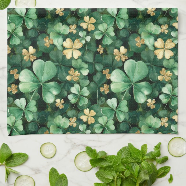 Grön Guld Shamrock St. Patrick's Day Kökshandduk (Vikta)
