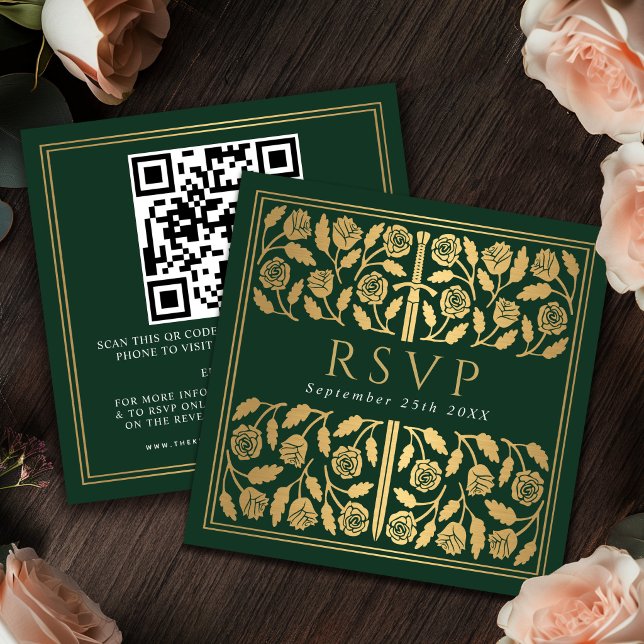 Grön Guld Svärd Kunglig Bröllops RSVP QR-kod  Tilläggskort (Skapare uppladdad)
