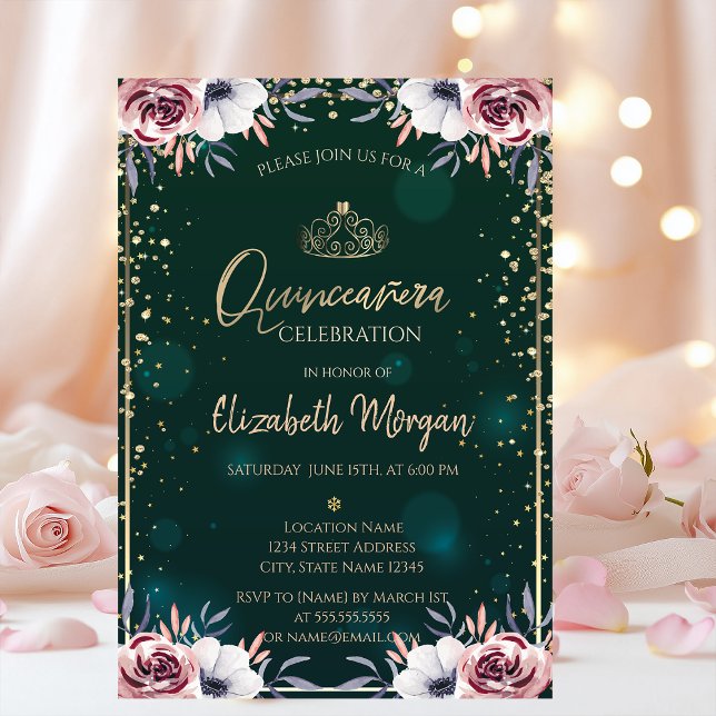 Grön Guld Tiara,Diamanter Blommor Quinceañera  Inbjudningar (Skapare uppladdad)