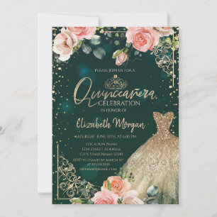 Grön guldkjol Tiara, diamanter Rosor Quinceañera Inbjudningar