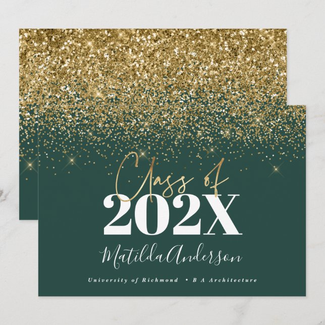 grön guldskrift modern elegant examen  inbjudningar (Fram/baksida)