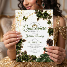Grön gyllene tiara rosor fjäril Quinceañera
